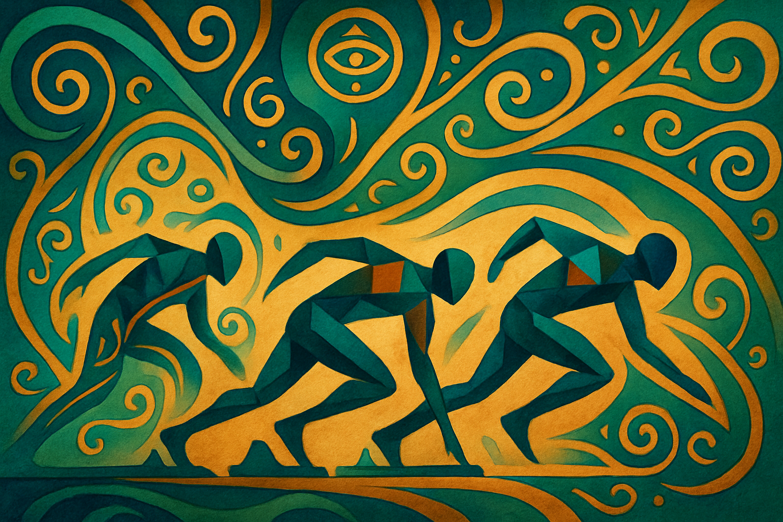 talisman inspired curves with people ready to run for race. make it abstract